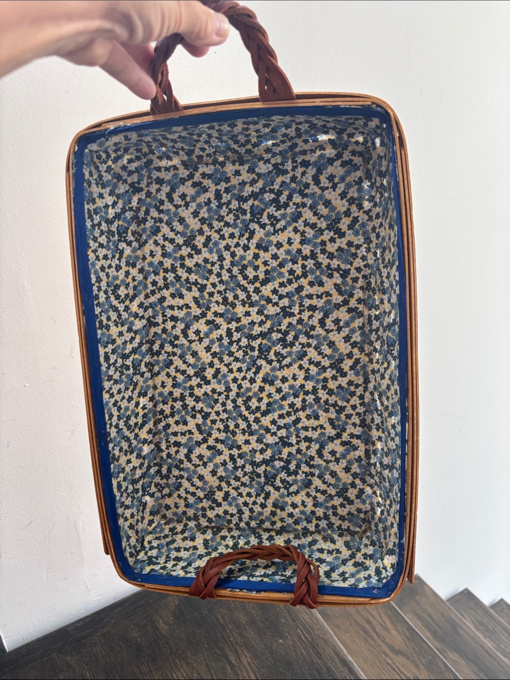 Longaberger basket 2008 w/ blue cloth lining, woven leather handles, 10.5x15x3”